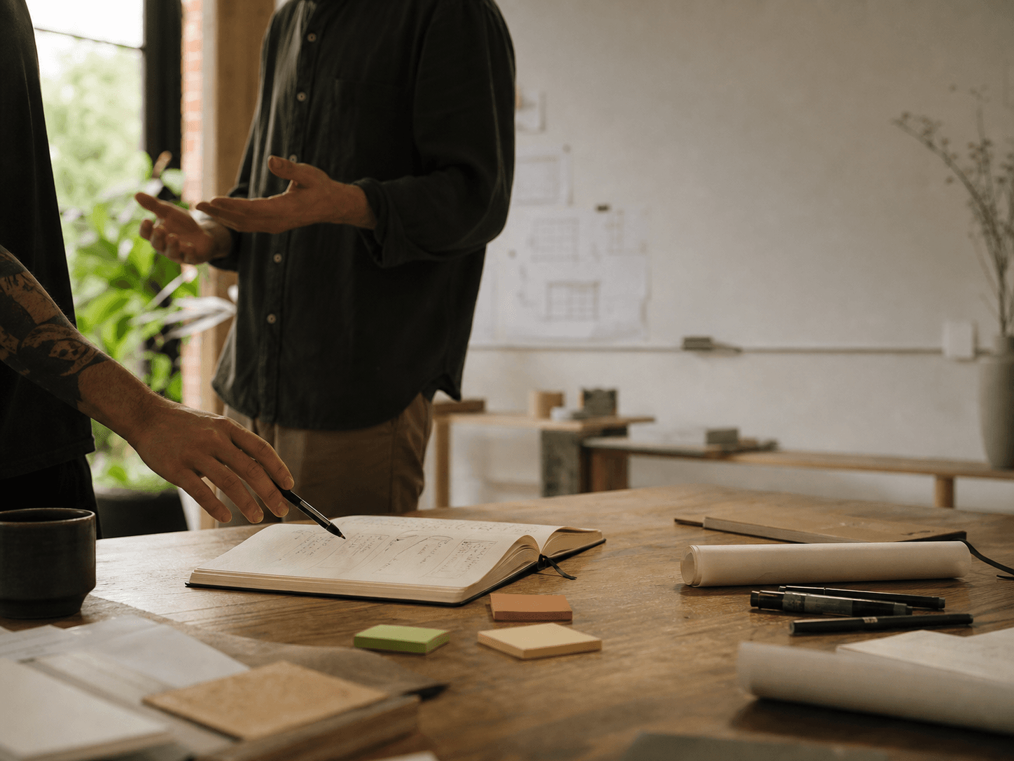 A working session around a notebook and whiteboard in a warm studio.